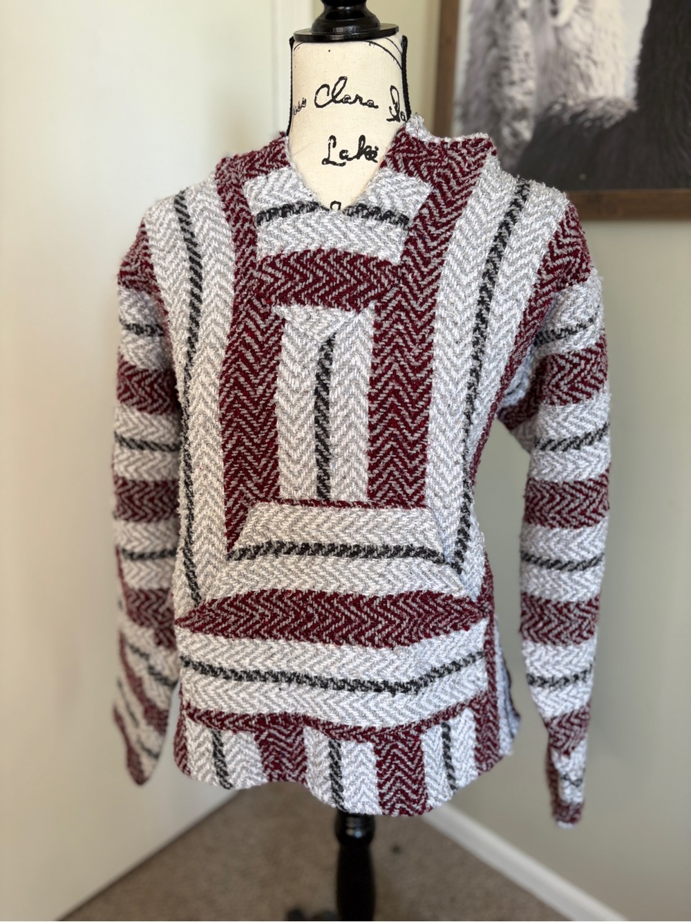 Striped Crewneck Pullover Sweater in Burgundy, White and Gray